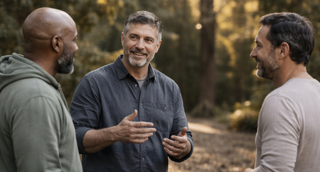 Three men talking outdoors.